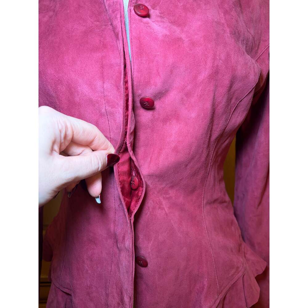 Caché Raspberry Pink Genuine Suede Ruffle Trim Fitted Jacket S - Picture 3 of 8